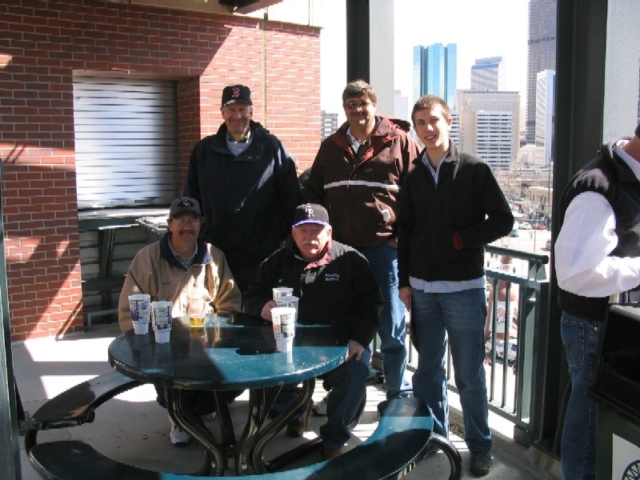 L-R: Greg Perse, Don Dudley, Ed Hudson (back after a one-year hiatus), Dave Dudley and Zach Poppel, lamenting the demise of the Denver Buffalo Company, Coors Field, Denver, Colo., Friday, 2003/04/04