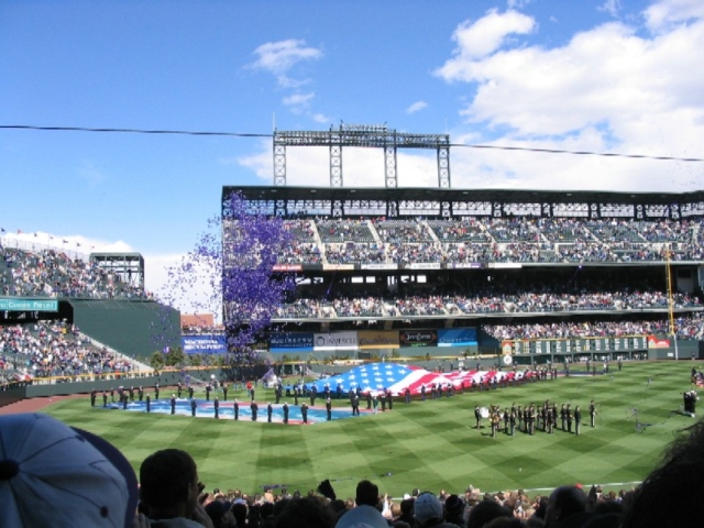 Balloon release following the national anthem, Coors Field, Denver, Colo., Friday, 2003/04/04