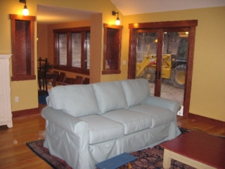 2007/04/17: Looking Southeast from living room into dining room; tag on new couch; China closets