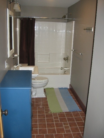 Looking South into the lower level bathroom; Brizo utility hook on West wall; nine decorative floor tiles