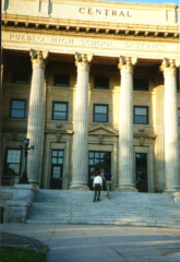 Joe Lee, Dave and Don climbing the front steps of Central HS