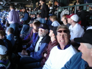 Shortly after the first pitch, L-R: Roger Dudley, Kellen Cutsforth, Mel Heatherly (whose sweater still matches his pearly whites at this point), Friday, 2008/04/04