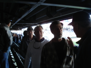 Just after the final out, L-R: Dave Dudley, Joe Klune, Mel Heatherly, Phil Barber (tolerating my gesticulations) and Don Dudley, Friday, 2008/04/04