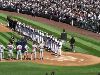 All players introduced including Rockie favorite #22 Eric Byrnes; 2007 NL Championship trophy up the 1st base line, Friday, 2008/04/042008Rog05