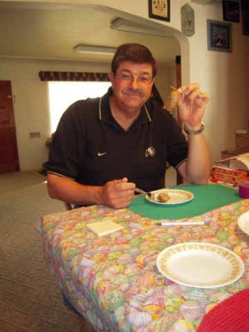Duv enjoying some of Perse's homemade bojon sausage before departing 714 W. Grant, Friday, 2009/04/10