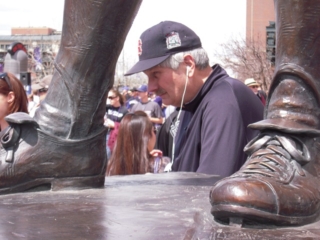 Don still on the hook with Staples under the statue for The Branch Rickey Award, Friday, 2013/04/05
