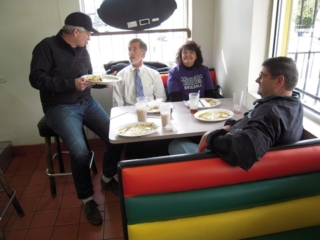 Phil eschews the game yet again, but makes lunch and tells Don, Margie and Dave Dudley of his piano lessons; visible are Joe Lee and Don's glasses of horchata, a beverage of rice, water, milk, vanilla, cinammon and sugar, Friday, 2014/04/04