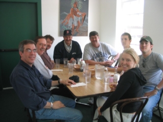 L-R: David Poppel, Joe Klune, Greg Perse, Don & Dave Dudley, Zach & Ben Poppel and Tara Fishbain, Ephrain's Restaurant, Lafayette, Colo., Sunday, 2005/04/03