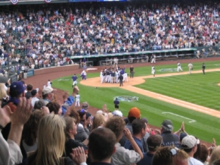 Rockies celebrating Clint Barmes' walk-off homer as Padres' Trevor Hoffman enters the dugout, Coors Field, Denver, Colo., Monday, 2005/04/04