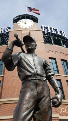 Field of Dreams! "The Player" statue, 13' tall by George Lundeen, donated by the Denver Rotary Club 2005/06/02 in honor of Branch Rickey, who signed Jackie Robinson and drafted Roberto Clemente, 2017/04/07